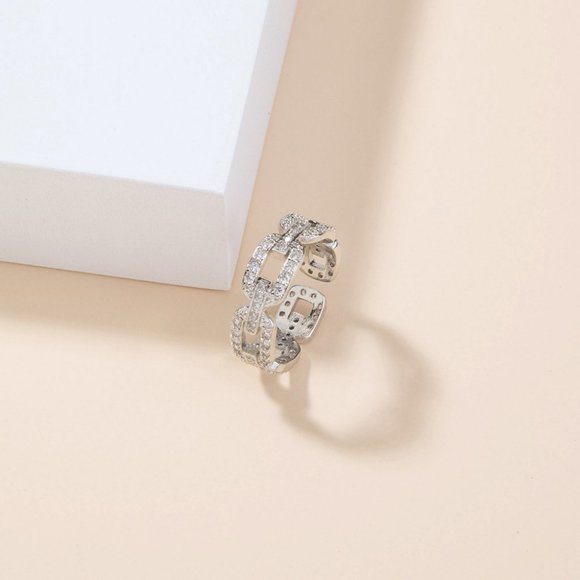 NEW SILVER CUBAN LINK RHINESTONE ADJUSTABLE RING - Picture 2 of 4